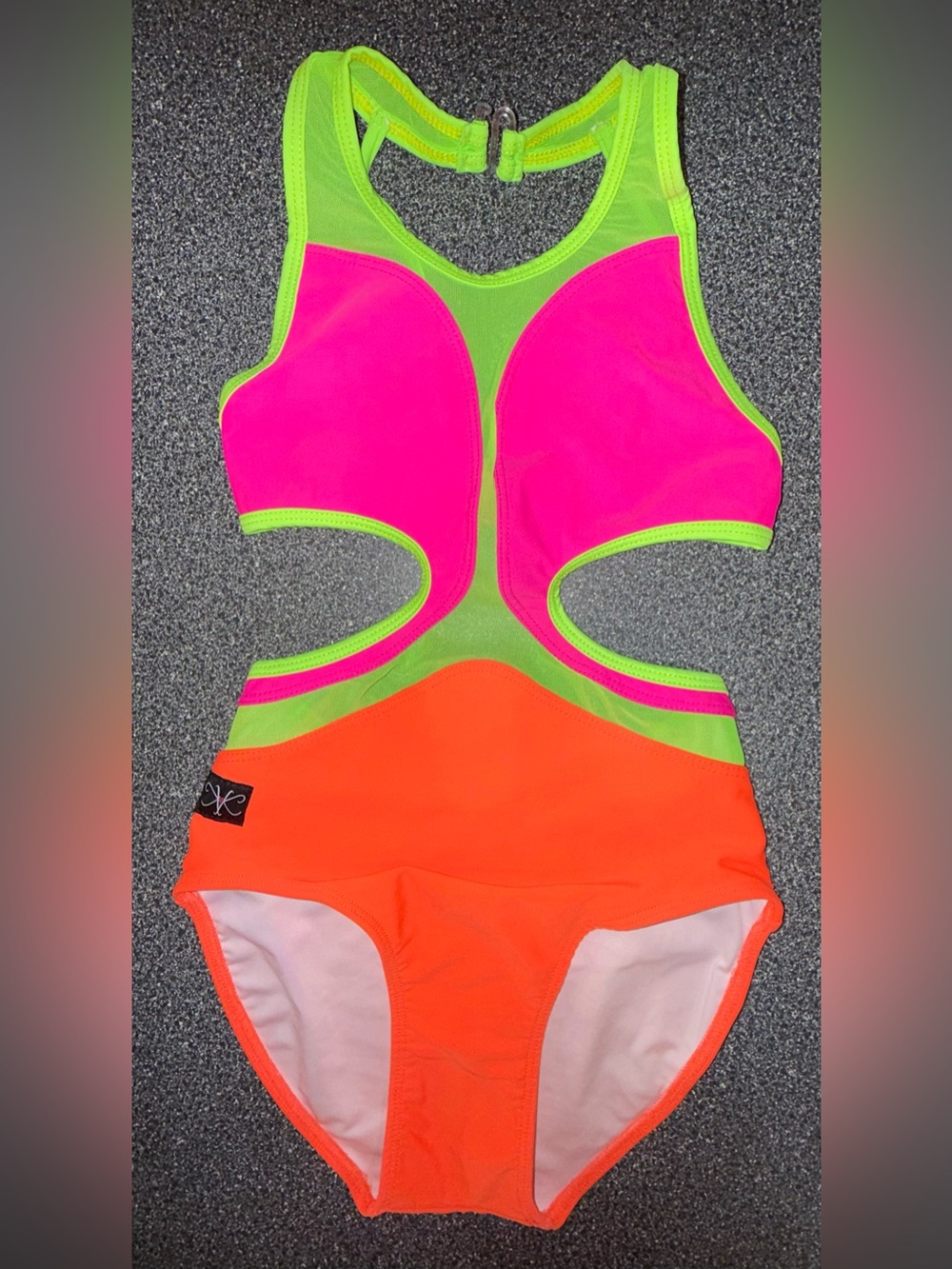 Kandi Kouture Dance Leotard Size Child X-Large Pink/Orange/Neon Green
